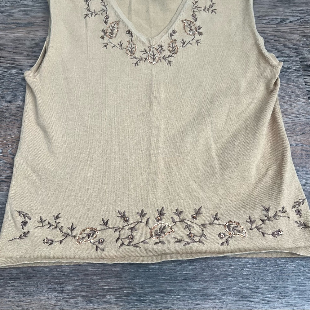 vintage 90s Nygard V-neck knit tank top floral embroidery silk tan boho Y2K - Picture 3 of 7